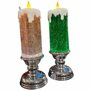 Luminary Glitter LED Flameless Candle Set Green & Champagne Silver Pedestal NWT